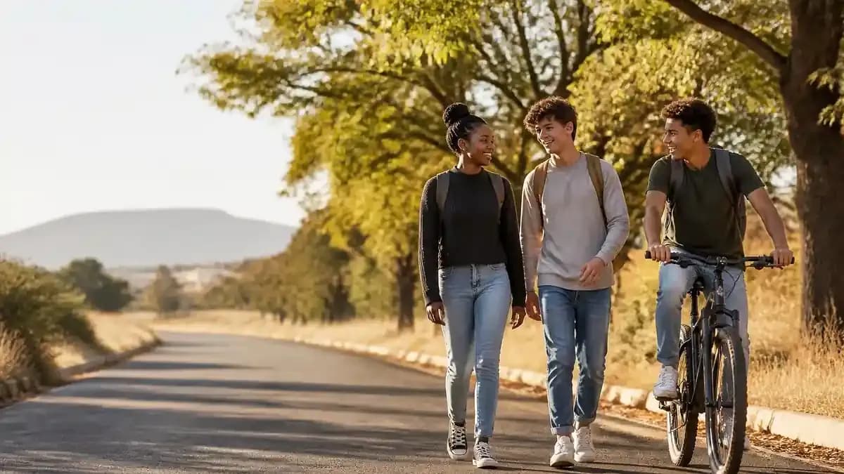 Young South African students cycling and walking down an oak-lined street in a small Highveld town on a sunny afternoon