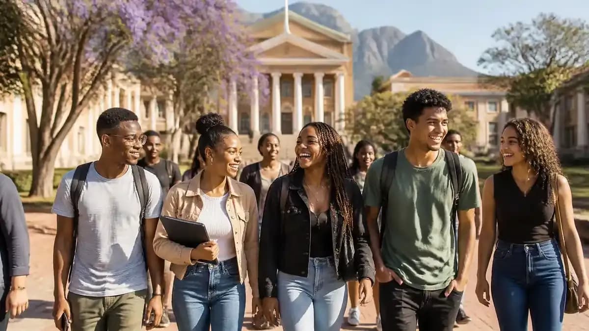 Students walking across a South African university campus