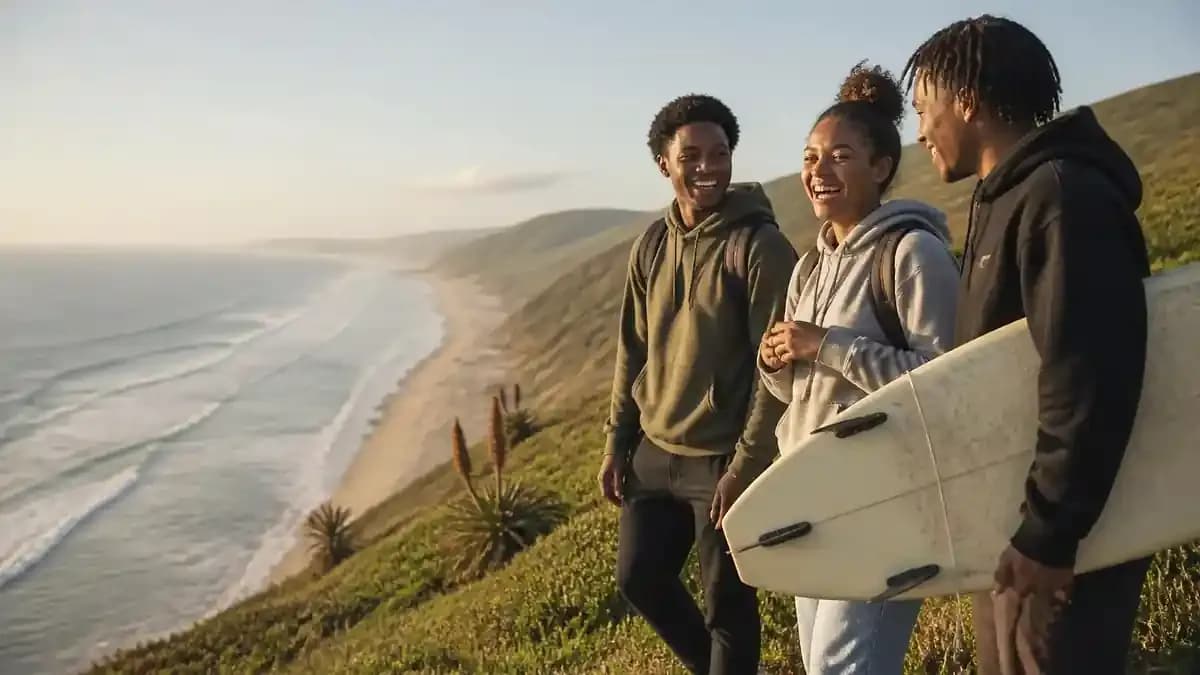 Three young South African students on a grassy dune above a wide Eastern Cape beach, with surf, aloes and green hills behind them