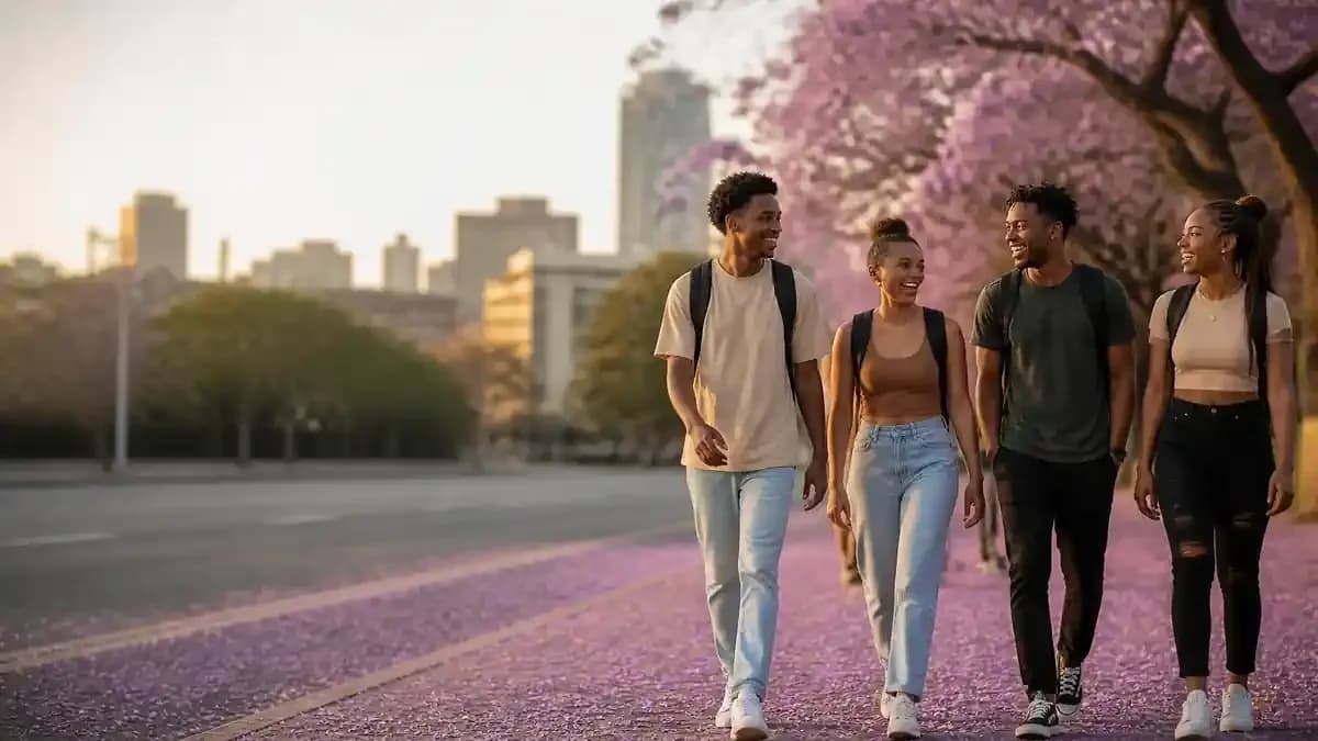 Four South African students walking and laughing on a Pretoria street lined with purple jacaranda trees