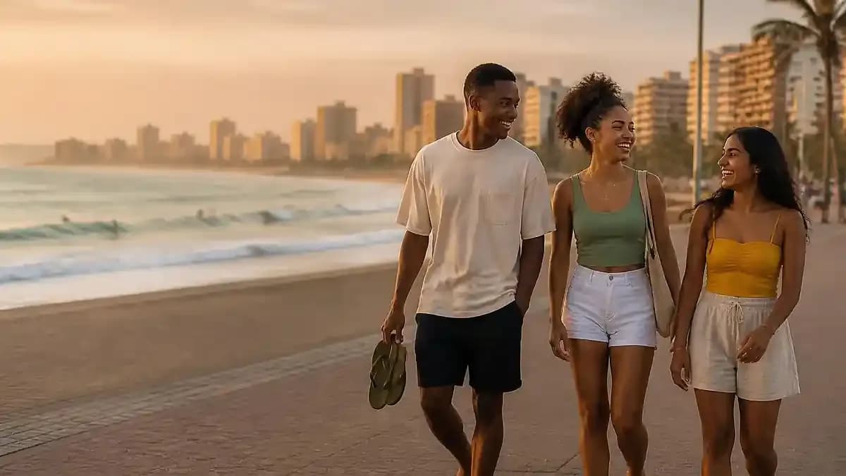 Three students laughing on a Durban beachfront promenade at golden hour, with Indian Ocean waves and palm trees behind them