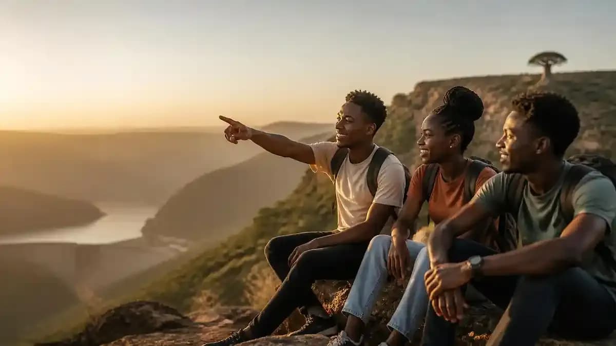 Young South African students on a rock looking over misty green Limpopo hills, with a baobab on the distant ridge