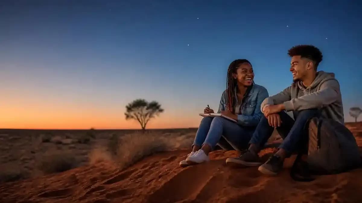 Two young South African students on a red Kalahari sand dune at dusk, with a camel thorn tree and the first stars behind them.