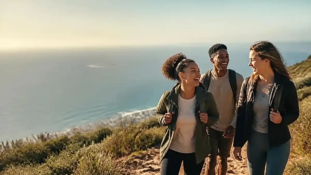 Three young South African students laughing on a fynbos mountain trail above Cape Town, with the ocean behind them