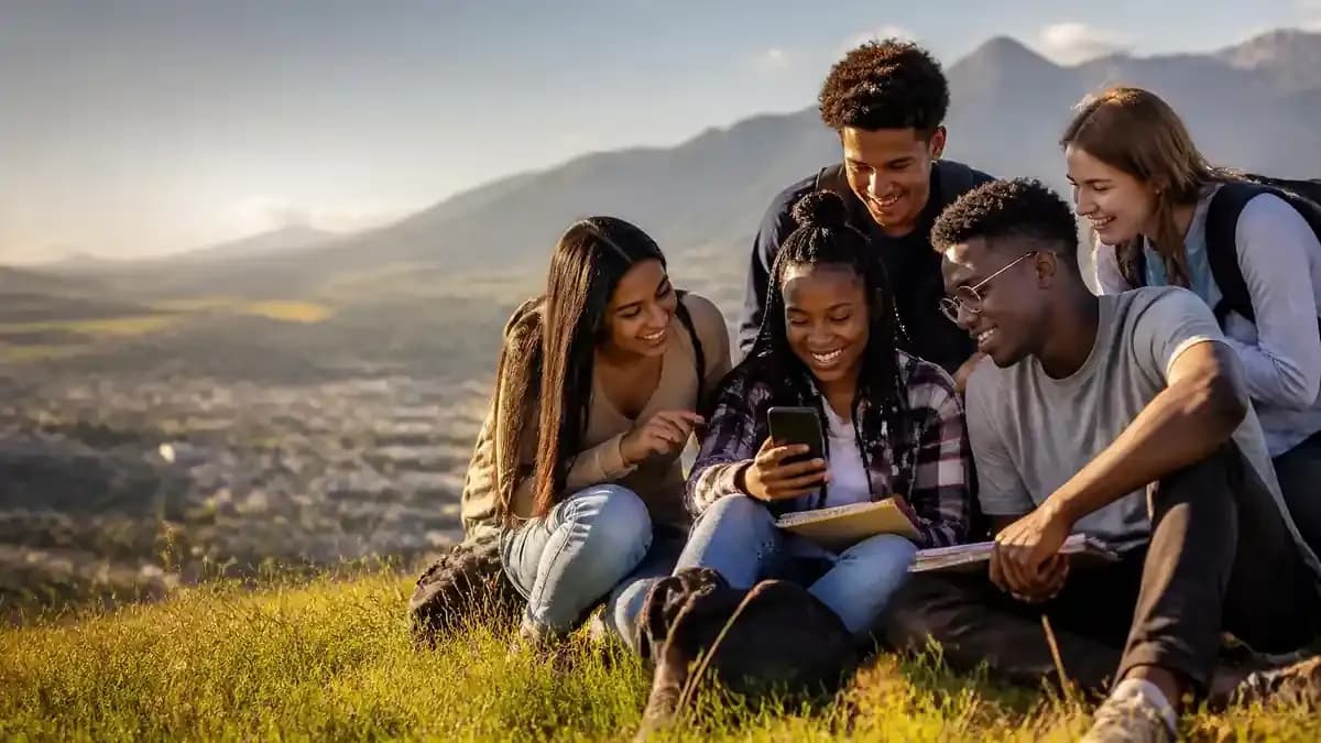 A group of young South African students laughing together on a grassy hill, with rolling hills and a distant town behind them