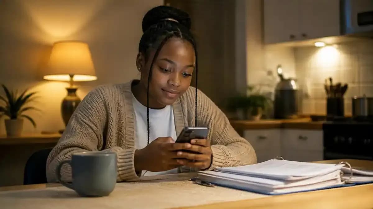 Young South African student applying for university on a phone at night
